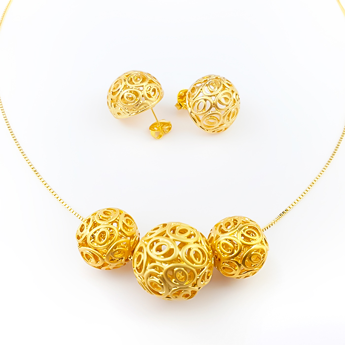 Conjunto Aurea Colar e Brincos Esferas Douradas Entrelaçadas